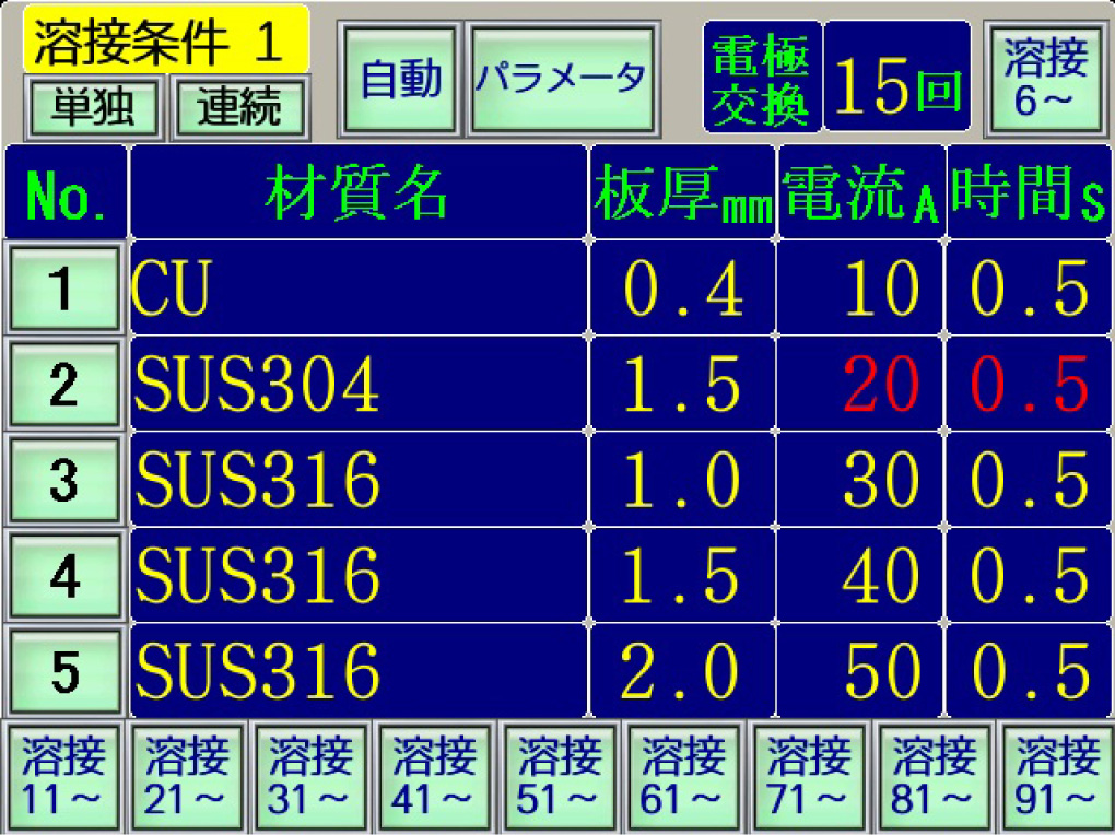 溶接条件選択画面